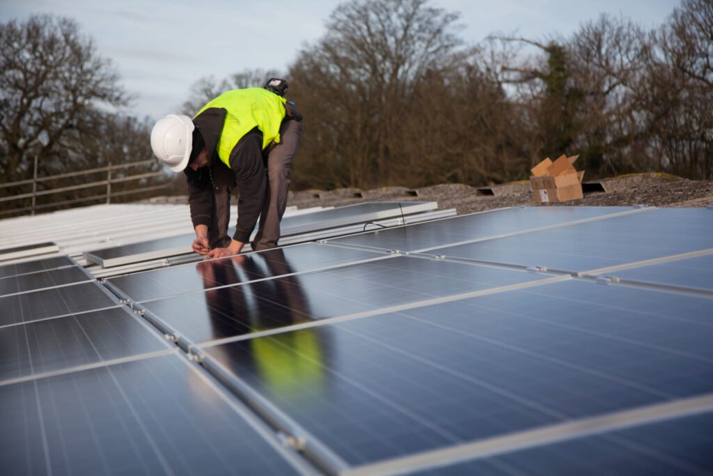 Solar panels being installed on a roof
